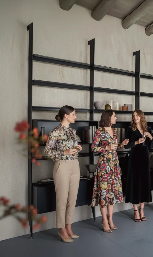 mujeres-de-pie-hablando-sala-tonos-negros